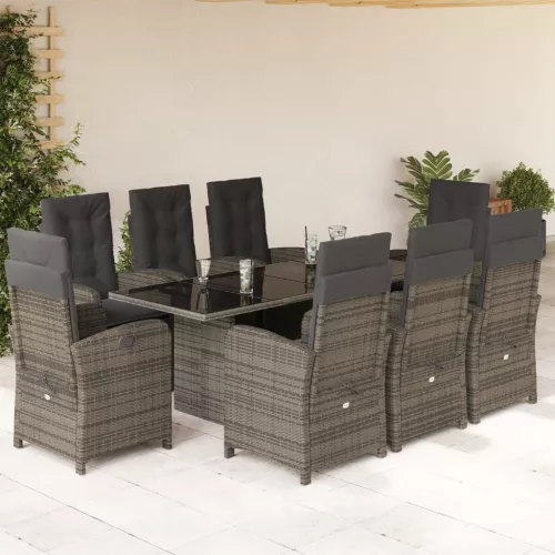  9 részes szürke polyrattan kerti étkezőgarnitúra párnával
