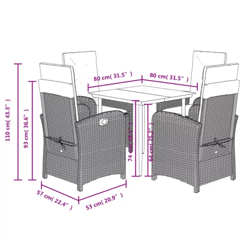  5 részes barna polyrattan kerti étkezőgarnitúra párnákkal