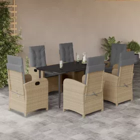    7 részes vegyes bézs polyrattan kerti étkezőgarnitúra párnákkal