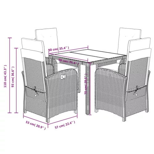  5 részes fekete polyrattan kerti étkezőgarnitúra párnákkal