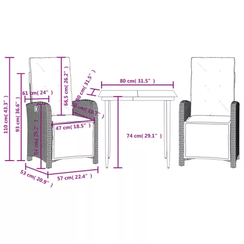  3 részes fekete polyrattan bisztrógarnitúra párnával