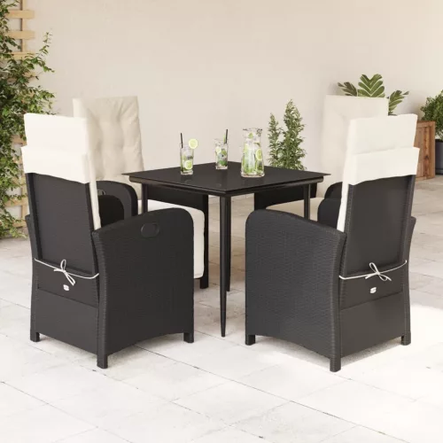 5 részes fekete polyrattan kerti étkezőgarnitúra párnákkal