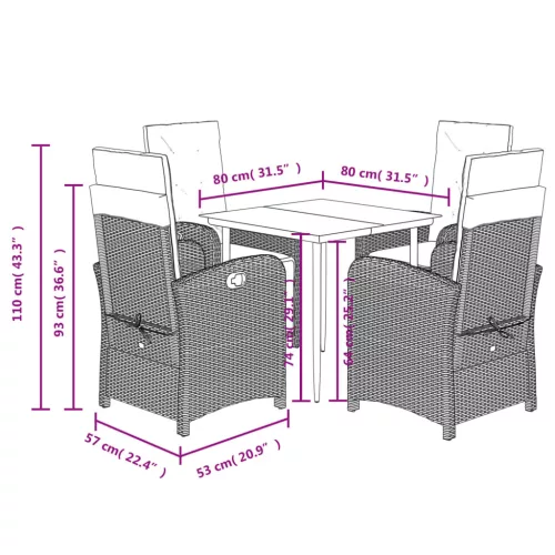  5 részes fekete polyrattan kerti étkezőgarnitúra párnákkal