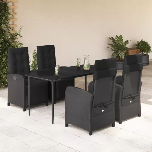  5 részes fekete polyrattan kerti étkezőgarnitúra párnákkal