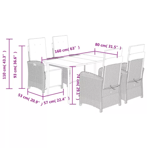  5 részes fekete polyrattan kerti étkezőgarnitúra párnákkal