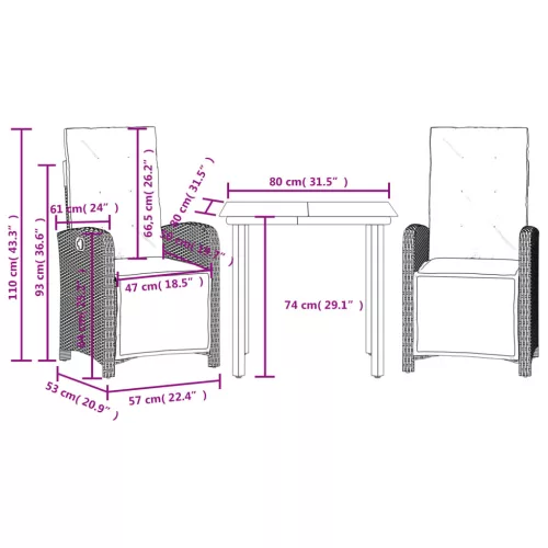  3 részes barna polyrattan bisztrógarnitúra párnákkal