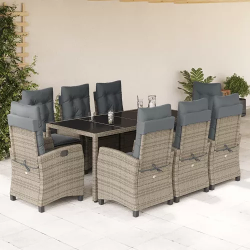  9 részes szürke polyrattan kerti étkezőgarnitúra párnával