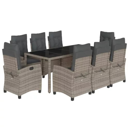  9 részes szürke polyrattan kerti étkezőgarnitúra párnával