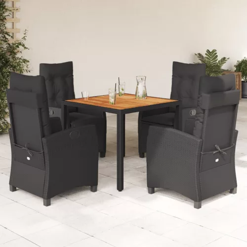  5 részes fekete polyrattan kerti étkezőgarnitúra párnákkal