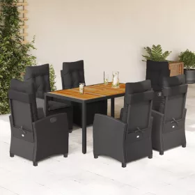    7 részes fekete polyrattan kerti étkezőgarnitúra párnával
