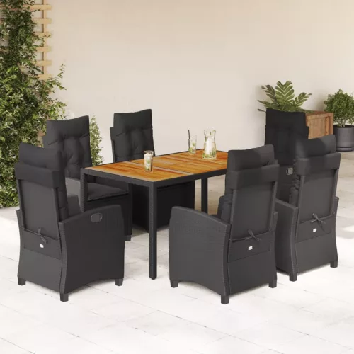  7 részes fekete polyrattan kerti étkezőgarnitúra párnával