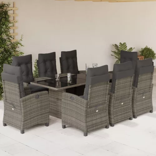  9 részes szürke polyrattan kerti étkezőgarnitúra párnával