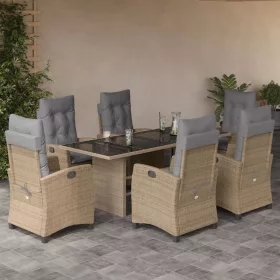    7 részes vegyes bézs polyrattan kerti étkezőgarnitúra párnákkal