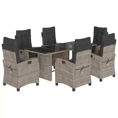  7 részes világosszürke polyrattan kerti étkezőszett párnával