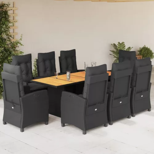  9 részes fekete polyrattan kerti étkezőgarnitúra párnákkal