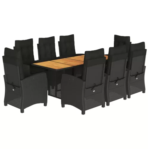  9 részes fekete polyrattan kerti étkezőgarnitúra párnákkal