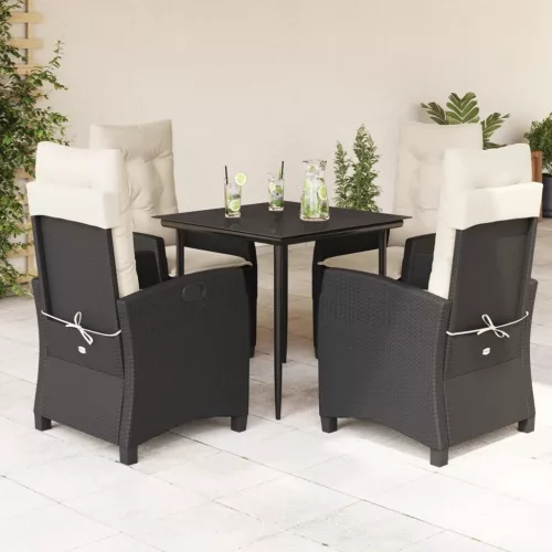  5 részes fekete polyrattan kerti étkezőgarnitúra párnákkal