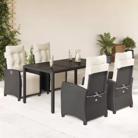    5 részes fekete polyrattan kerti étkezőgarnitúra párnákkal