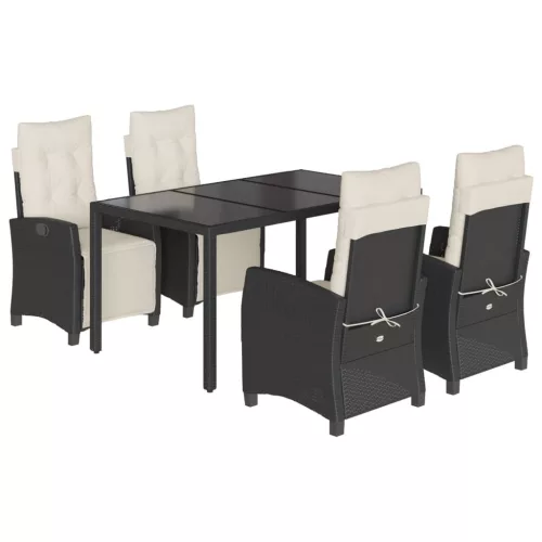  5 részes fekete polyrattan kerti étkezőgarnitúra párnákkal