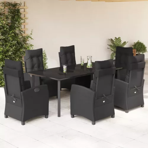  7 részes fekete polyrattan kerti étkezőgarnitúra párnával
