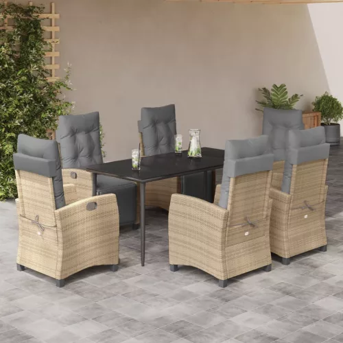  7 részes vegyes bézs polyrattan kerti étkezőgarnitúra párnákkal