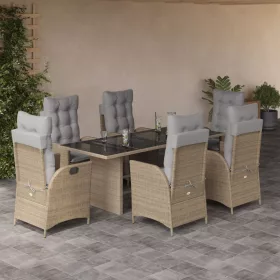    7 részes vegyes bézs polyrattan kerti étkezőgarnitúra párnákkal