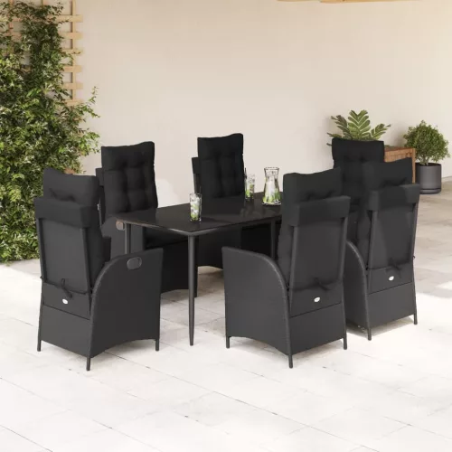  7 részes fekete polyrattan kerti étkezőgarnitúra párnával