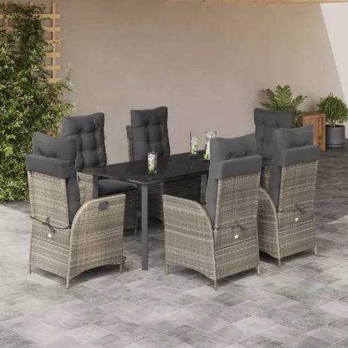  7 részes világosszürke polyrattan kerti étkezőszett párnával