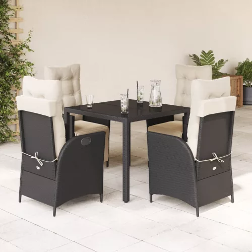  5 részes fekete polyrattan kerti étkezőgarnitúra párnákkal