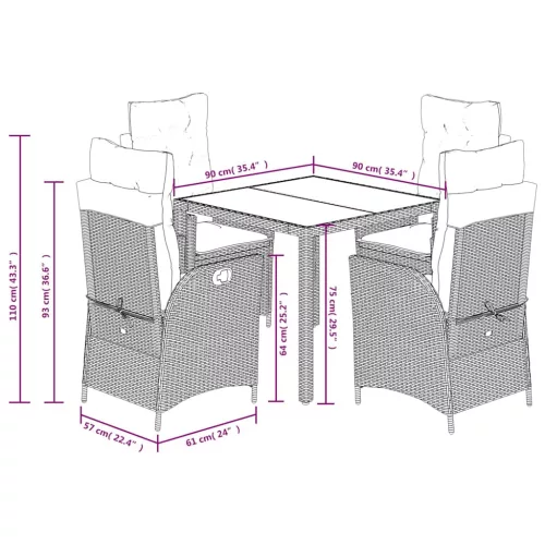  5 részes fekete polyrattan kerti étkezőgarnitúra párnákkal
