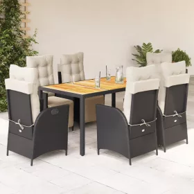    7 részes fekete polyrattan kerti étkezőgarnitúra párnával