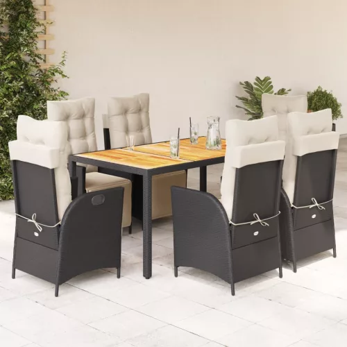  7 részes fekete polyrattan kerti étkezőgarnitúra párnával
