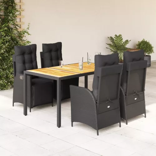 5 részes fekete polyrattan kerti étkezőgarnitúra párnákkal