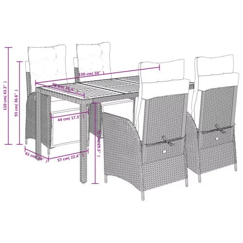  5 részes fekete polyrattan kerti étkezőgarnitúra párnákkal