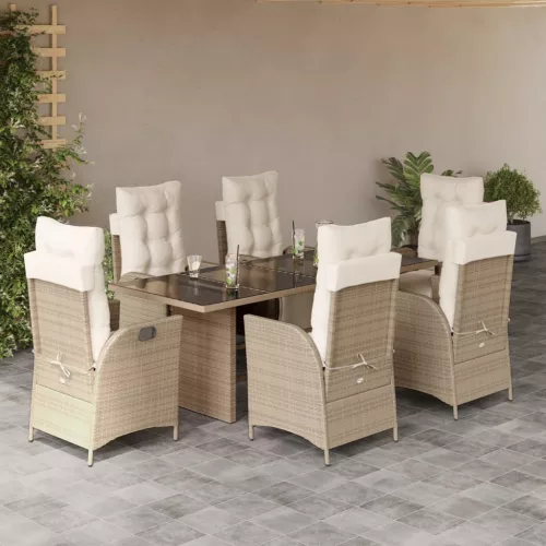  7 részes bézs polyrattan kerti étkezőgarnitúra párnákkal