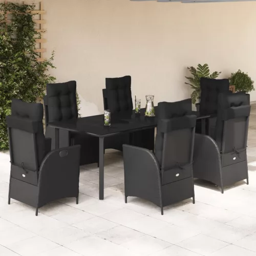  7 részes fekete polyrattan kerti étkezőgarnitúra párnával