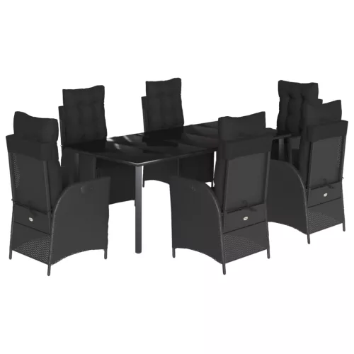  7 részes fekete polyrattan kerti étkezőgarnitúra párnával