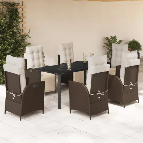  7 részes barna polyrattan kerti étkezőgarnitúra párnával