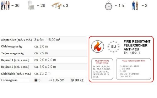 TP 3x6m standard rendezvénysátor, PVC 700 - fehér - tűzálló
