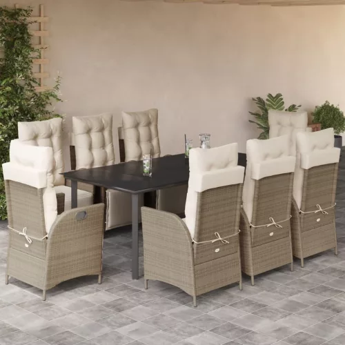  9 részes bézs polyrattan kerti étkezőgarnitúra párnákkal