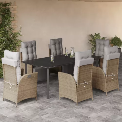  7 részes vegyes bézs polyrattan kerti étkezőgarnitúra párnákkal