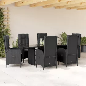    7 részes fekete polyrattan kerti étkezőgarnitúra párnával
