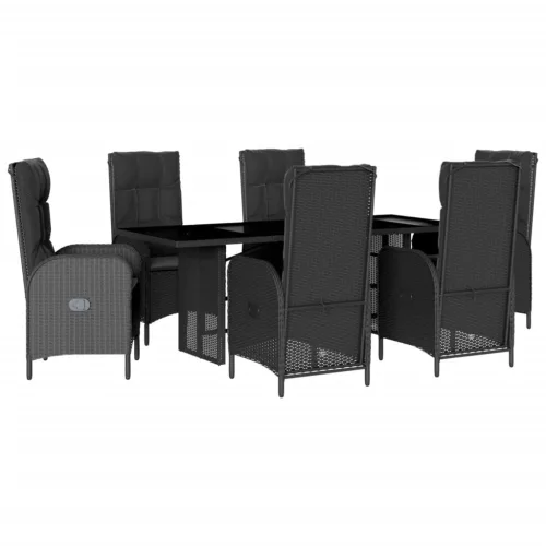  7 részes fekete polyrattan kerti étkezőgarnitúra párnával