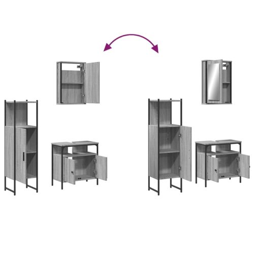  3 részes szürke sonoma színű szerelt fa fürdőszobai bútorszett