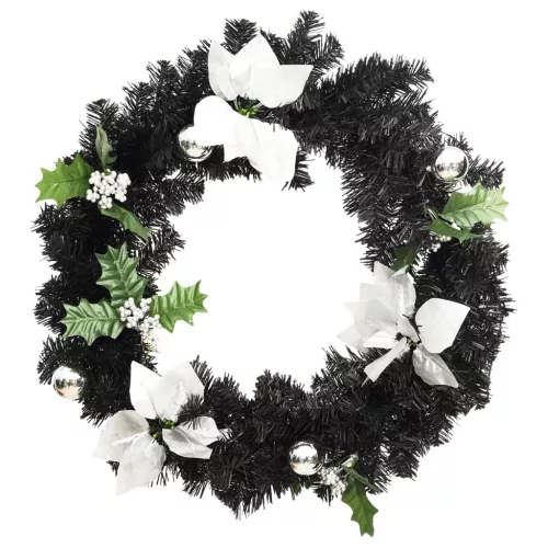  fekete PVC karácsonyi koszorú LED-ekkel 60 cm