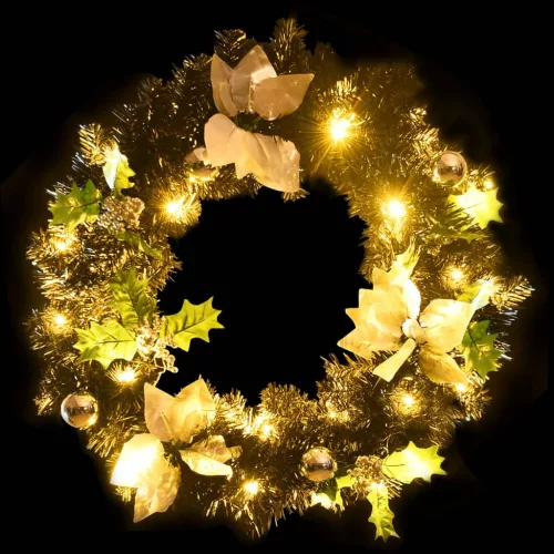  fekete PVC karácsonyi koszorú LED-ekkel 60 cm