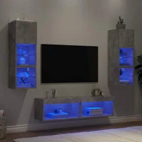  6 darab betonszürke szerelt fa fali TV-bútor LED-del