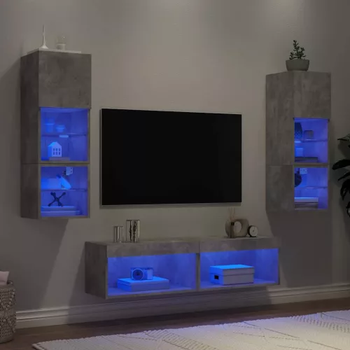  6 darab betonszürke szerelt fa fali TV-bútor LED-del