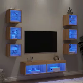    8 darab füstös tölgy színű szerelt fa TV-bútor LED-del
