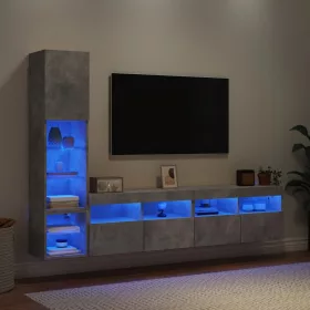  4 darab betonszürke szerelt fa fali TV-bútor LED-del